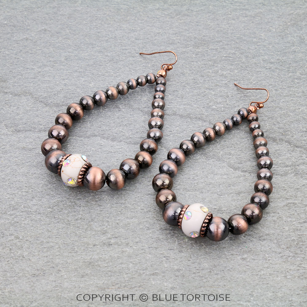 Navajo Style Pearl & Stone Teardrop Dangle Earrings