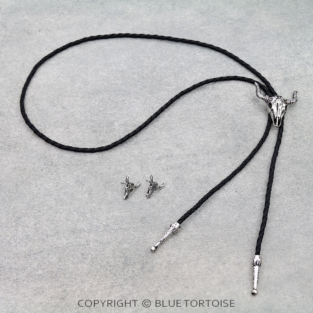 Western Steer Skull Bolo Necklace Set
