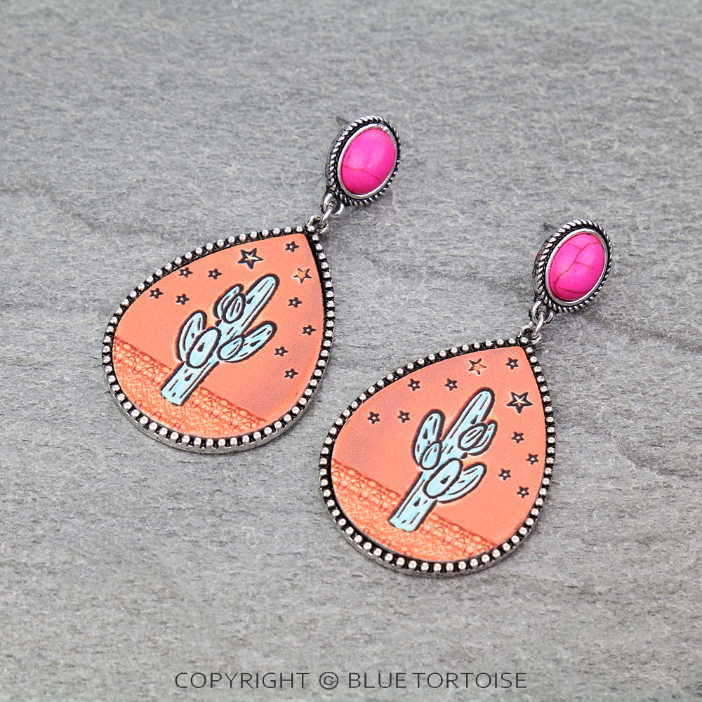 Western Cactus Printed Leather Stud Earrings