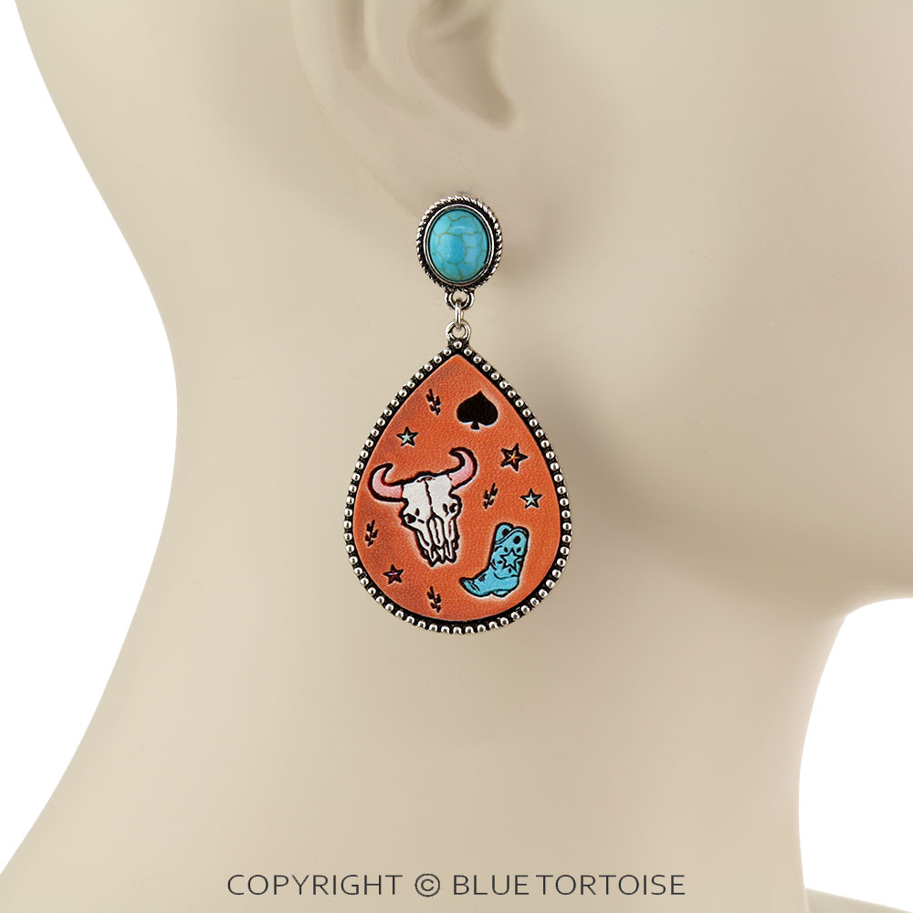 Western Steer Skull Printed Leather Stud Earrings - Image 2