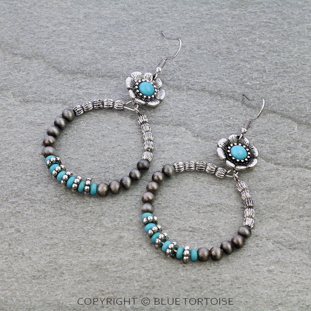 Navajo Style Pearl Hoop with Flower Dangle Earrings