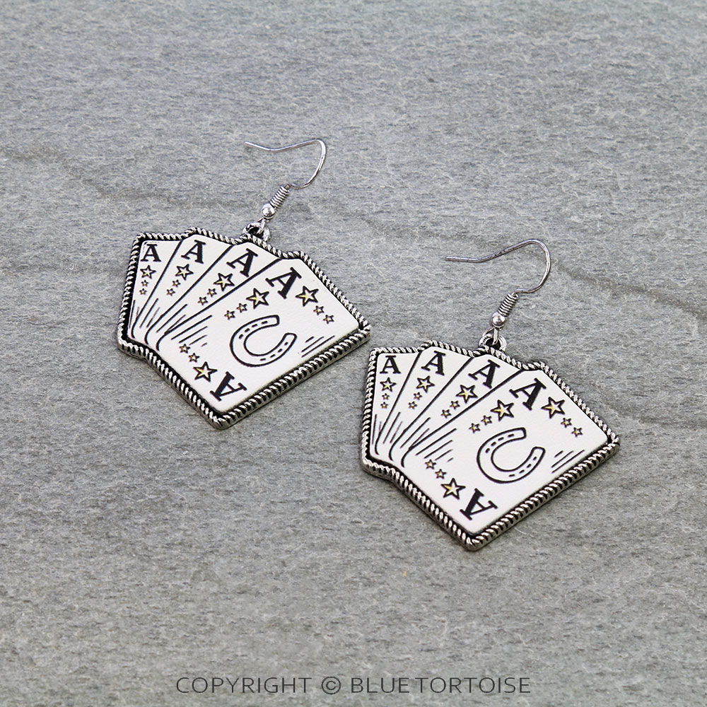 Western Card Printed Leather Dangle Earrings