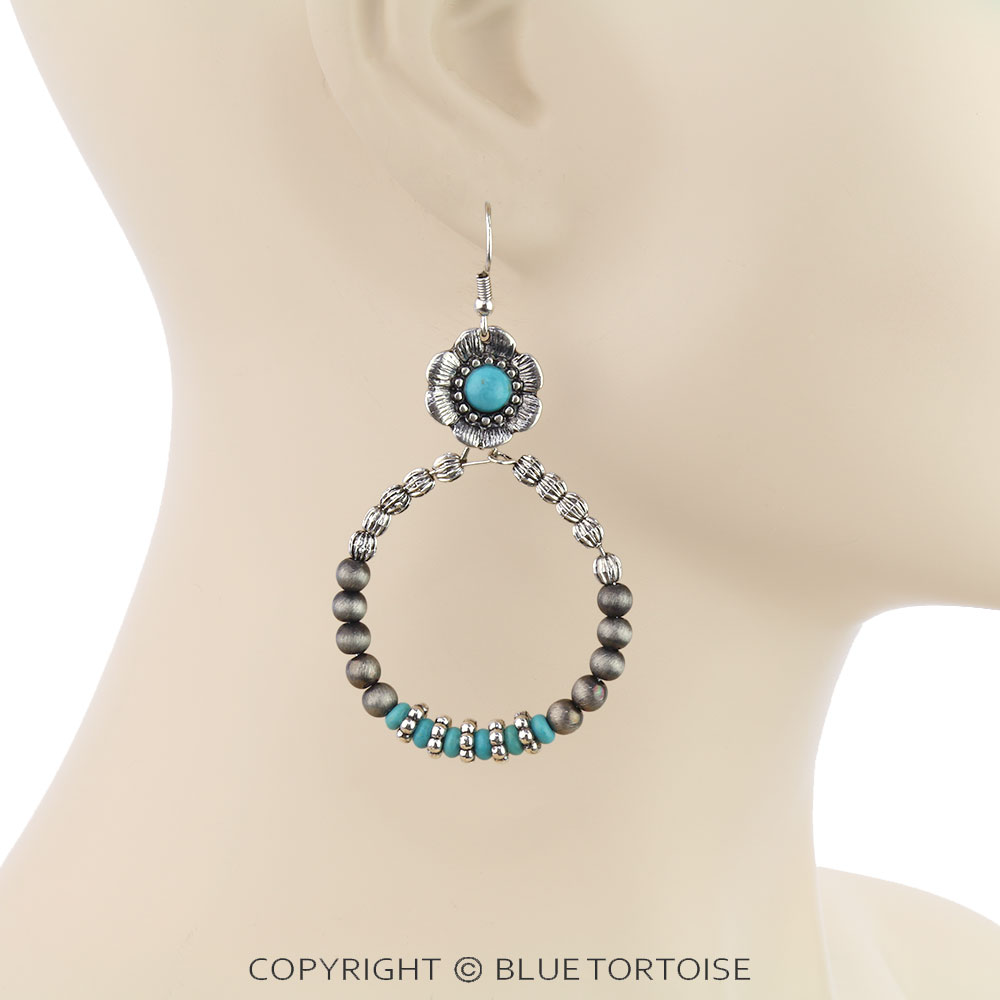 Navajo Style Pearl Hoop with Flower Dangle Earrings - Image 2