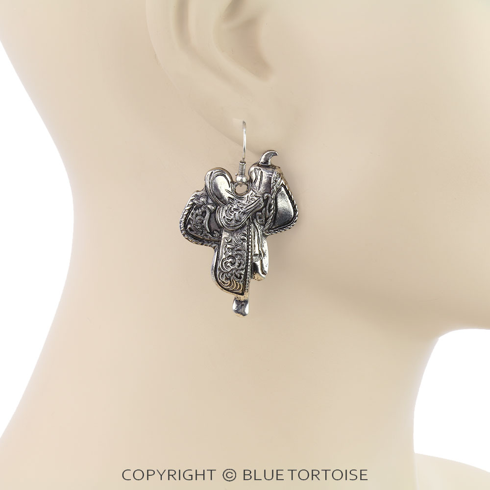 Western Filigree Horse Saddle Dangle Earrings - Image 2