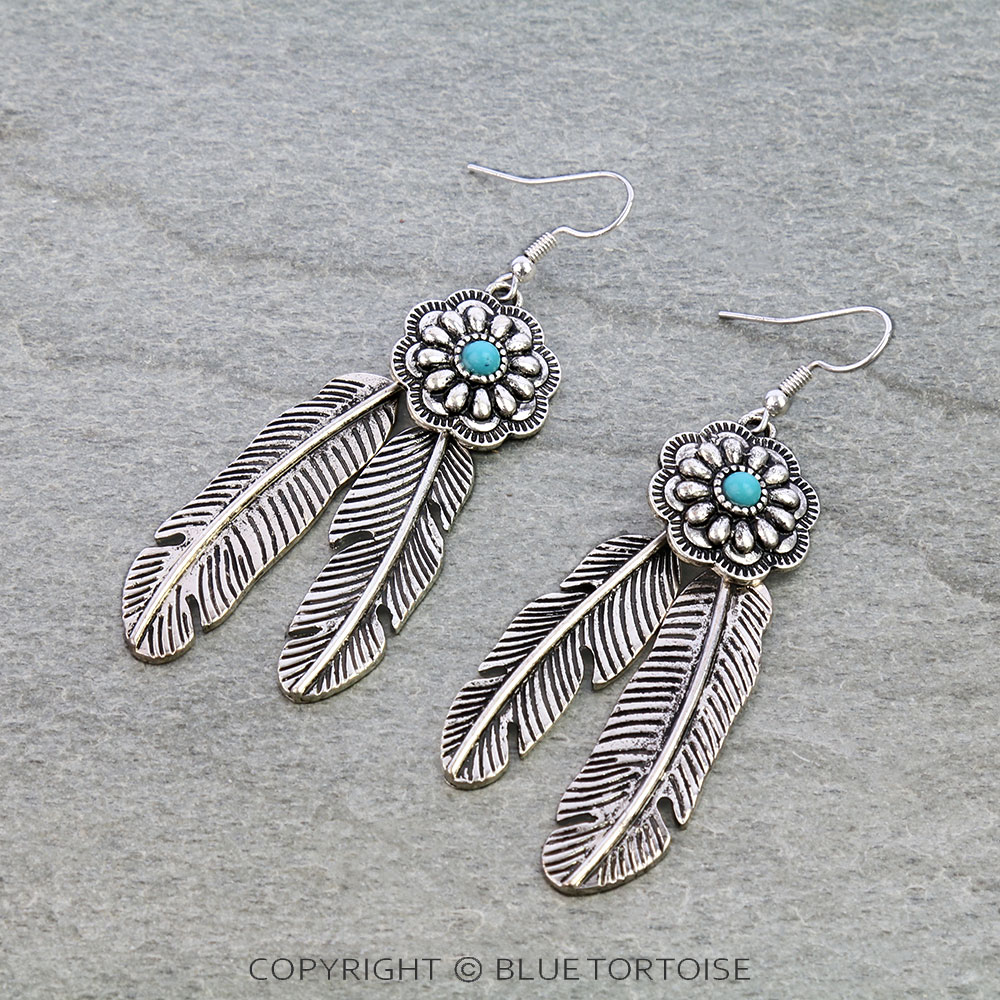 Western Concho & Feather Dangle Earrings
