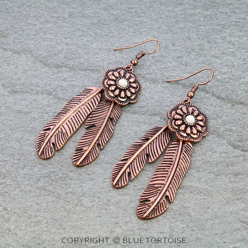 Western Concho & Feather Dangle Earrings