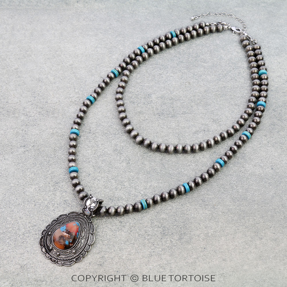 2 Layered Western Concho Stone Pendant Necklace