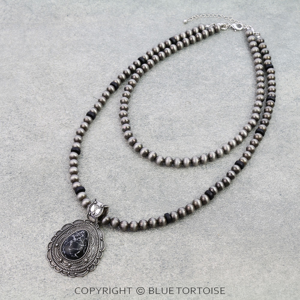 2 Layered Western Concho Stone Pendant Necklace