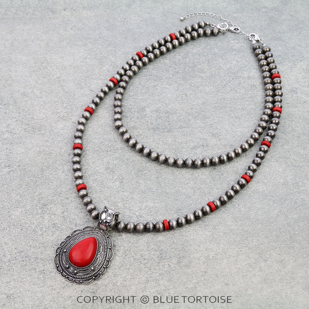 2 Layered Western Concho Stone Pendant Necklace