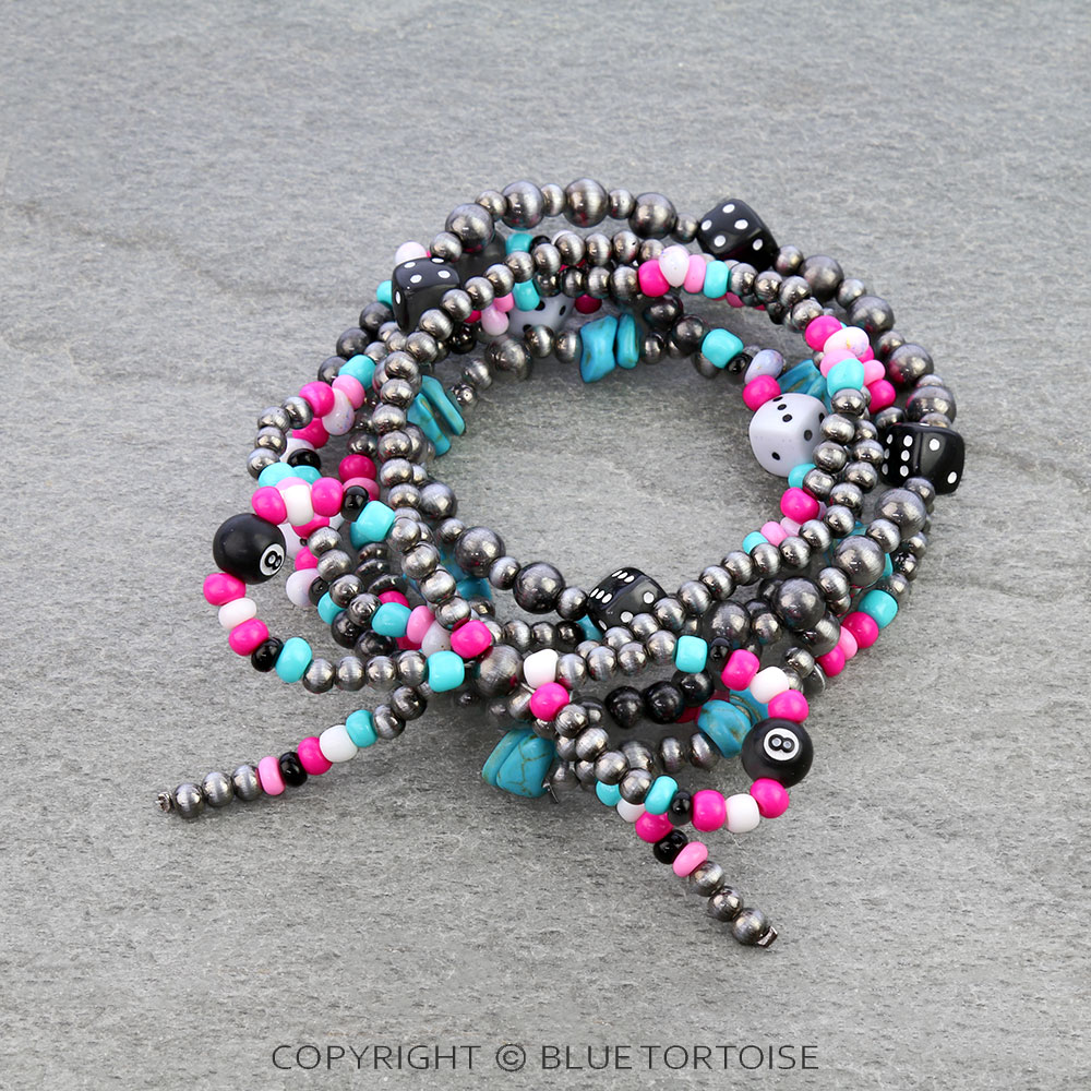 Navajo Style Pearl and Casino Bead Bow 6 Stack Bracelets