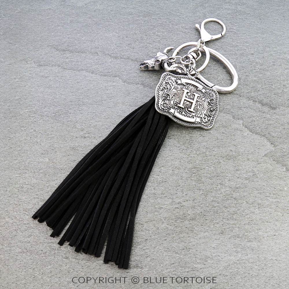 Western Belt Buckle Initial with Tassel Keychain
