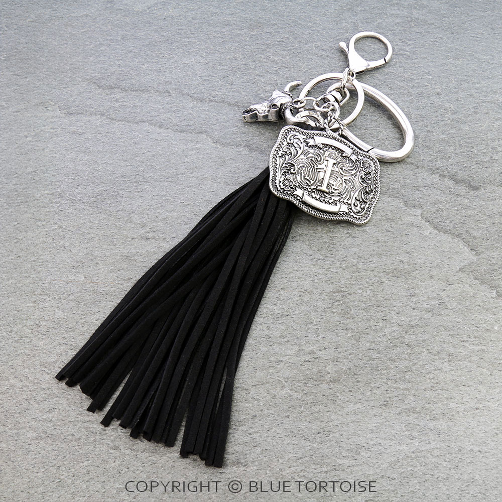 Western Belt Buckle Initial with Tassel Keychain