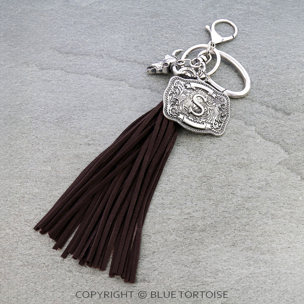 Western Belt Buckle Initial with Tassel Keychain