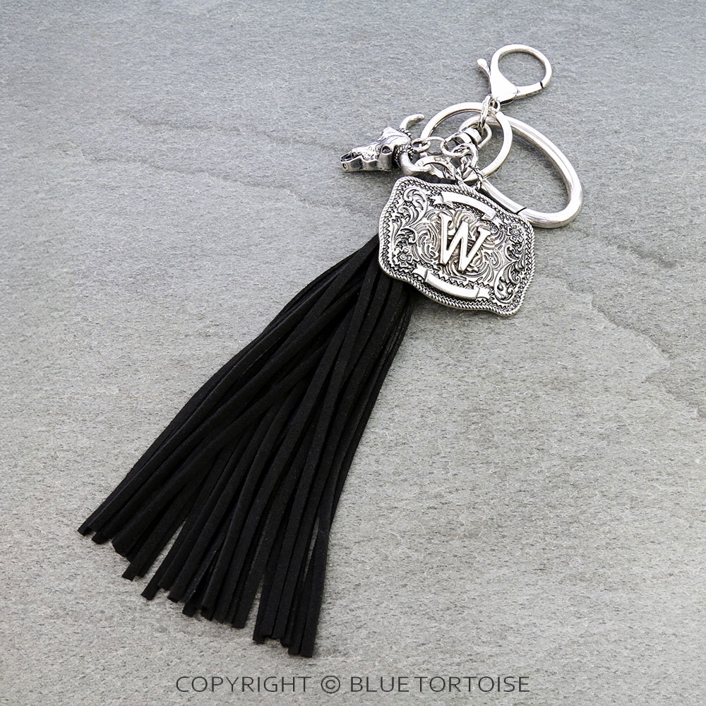 Western Belt Buckle Initial with Tassel Keychain