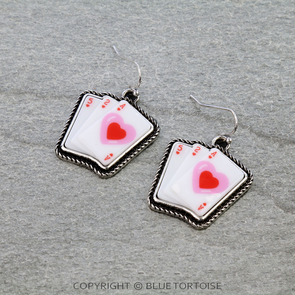 Heart Card Print Dangle Earrings