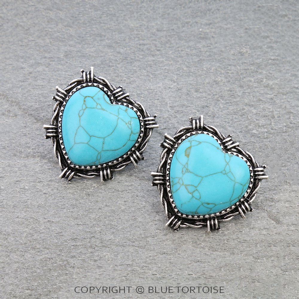 Western Barbed Heart Stone Stud Earrings