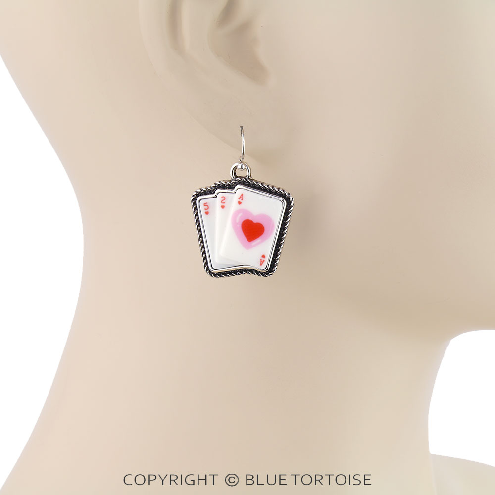 Heart Card Print Dangle Earrings - Image 2