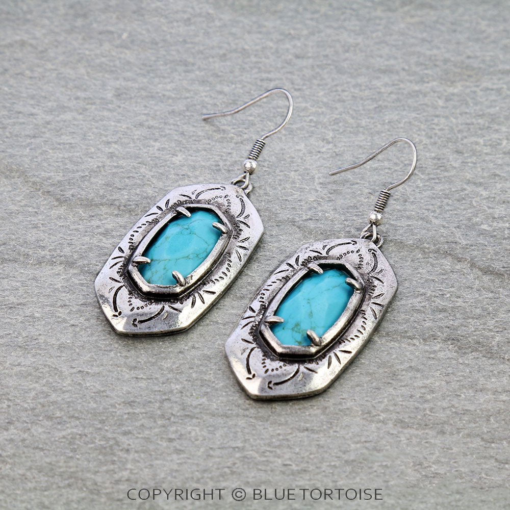 Western Hexagon Concho Stone Dangle Earrings