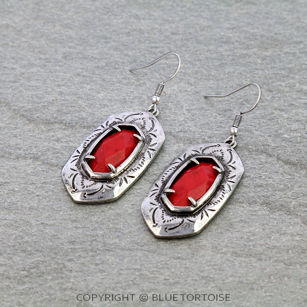 Western Hexagon Concho Stone Dangle Earrings