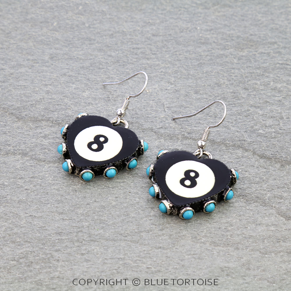 Western 8 Ball Heart Dangle Earrings