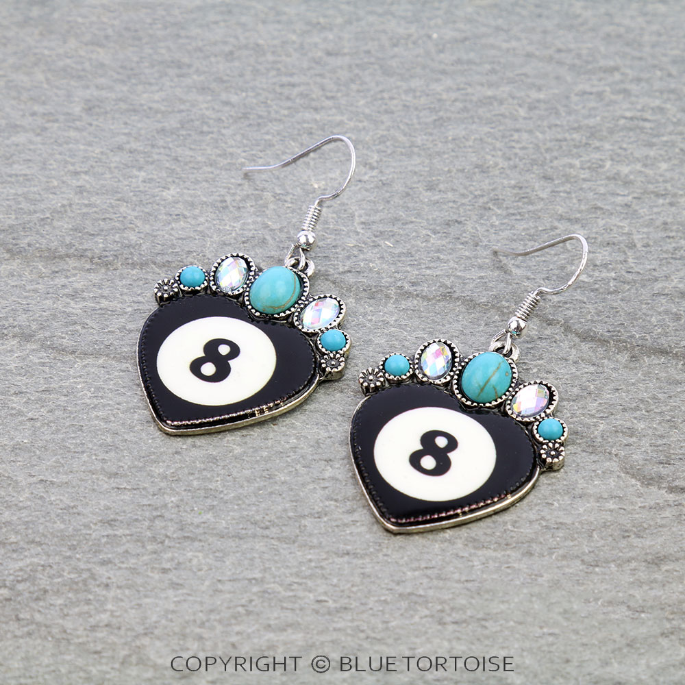Western 8 Ball Heart Dangle Earrings