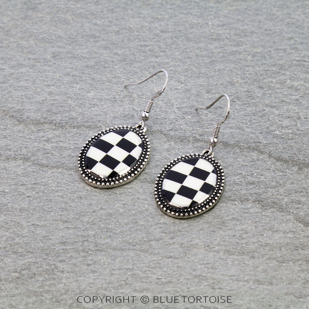 Western Checker Pattern Oval Dangle Earrings