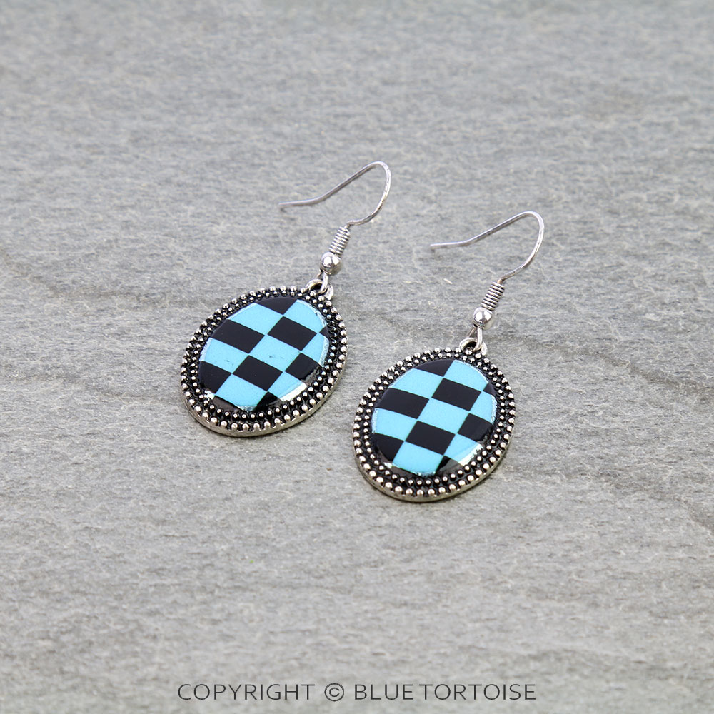 Western Checker Pattern Oval Dangle Earrings