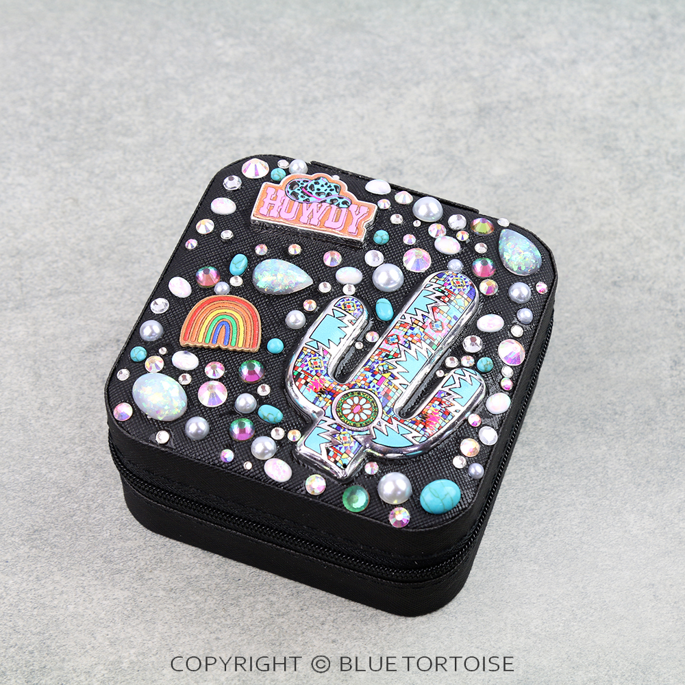 Western Tooled Leather Jewelry Box - Cactus
