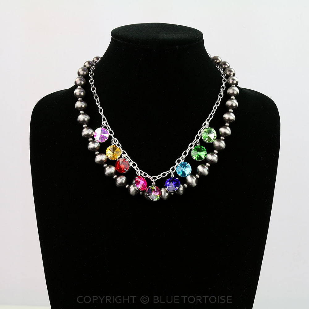 2 Layered Navajo Style Pearl & Rhinestone Necklace - Image 2