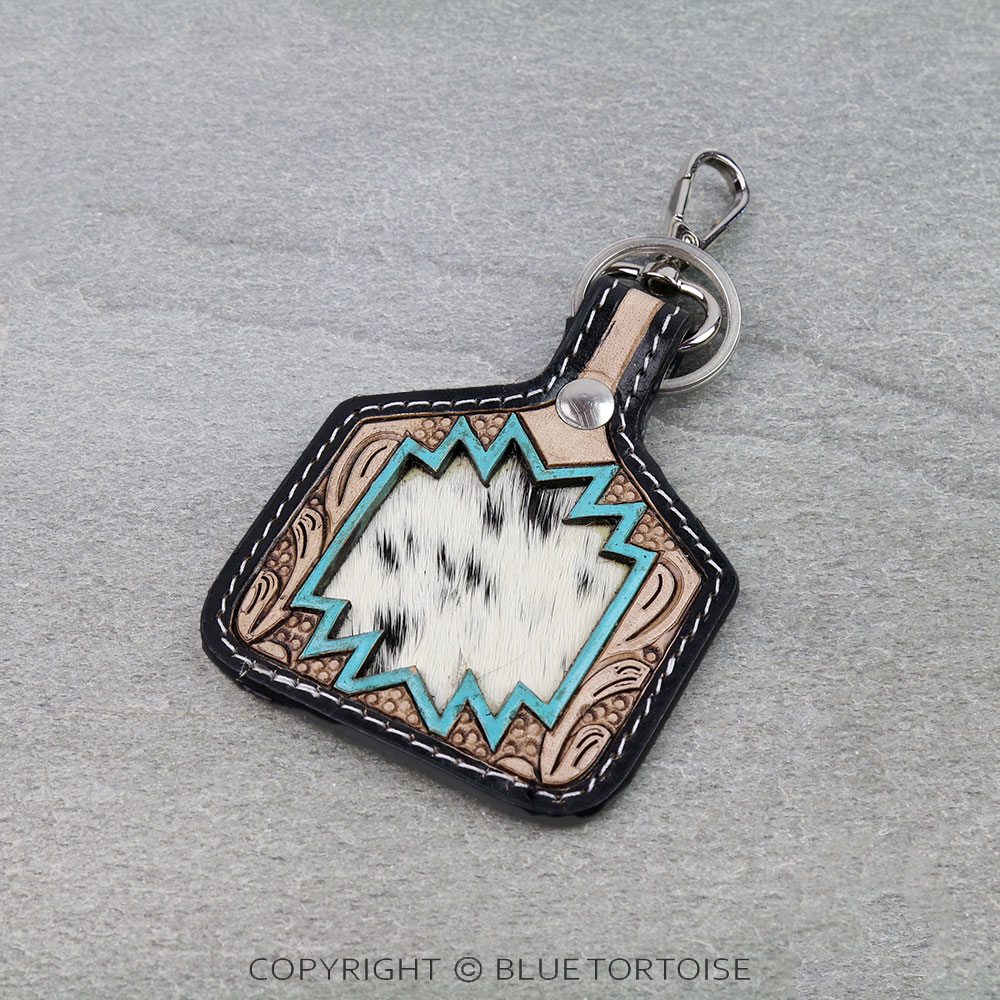 Western Tooled Leather Ear Tag Keychain - Aztec