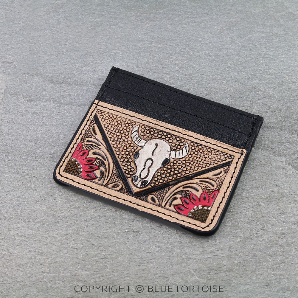Western Tooled Leather Card Holder - Steer Skull