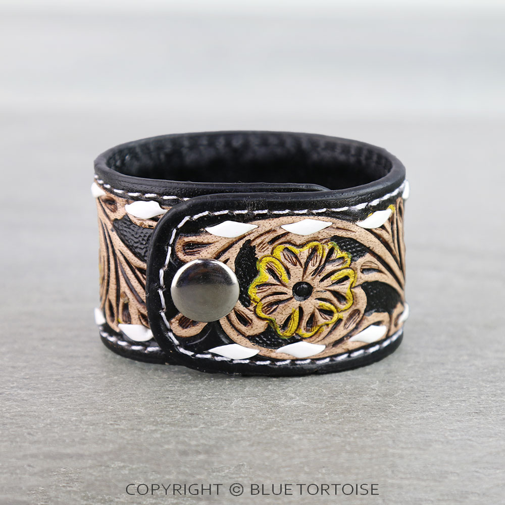 Western Genuine Tooled Leather Bracelet - Flower Pattern - Image 4