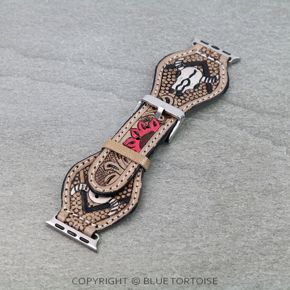Large Western Tooled Leather Apple Watch Band - Steer Skull