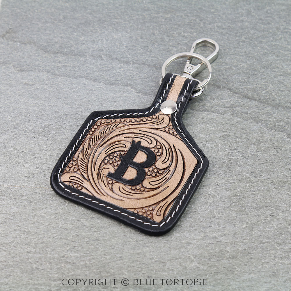 Western Ear Tag Initial Tooled Leather Keychain