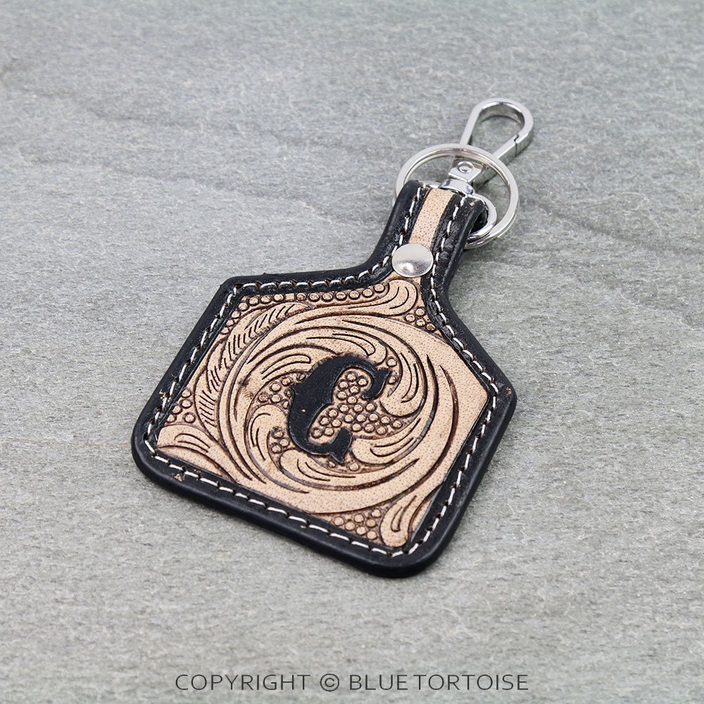 Western Ear Tag Initial Tooled Leather Keychain