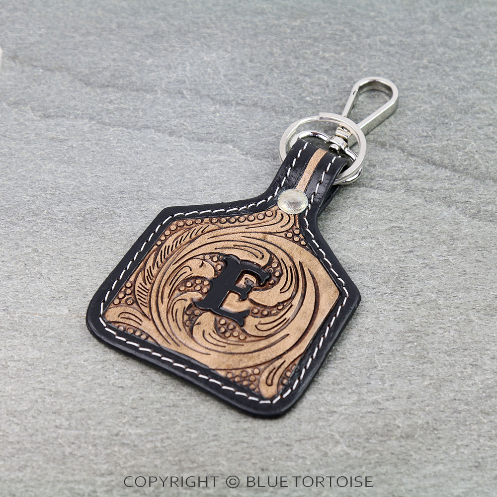 Western Ear Tag Initial Tooled Leather Keychain