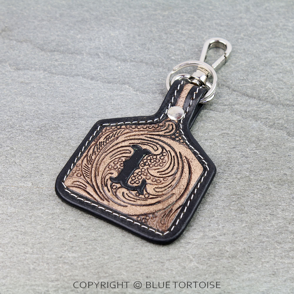 Western Ear Tag Initial Tooled Leather Keychain