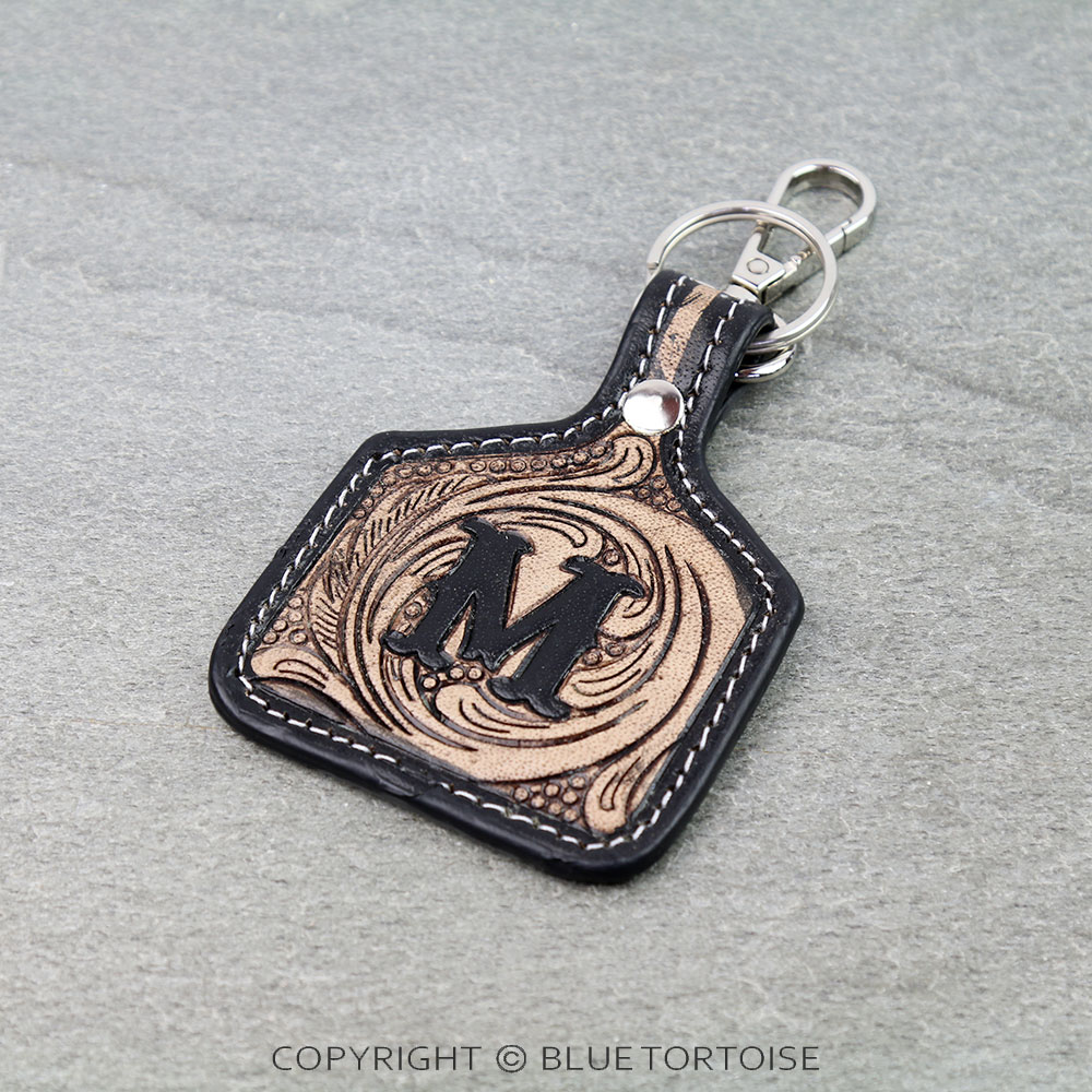 Western Ear Tag Initial Tooled Leather Keychain