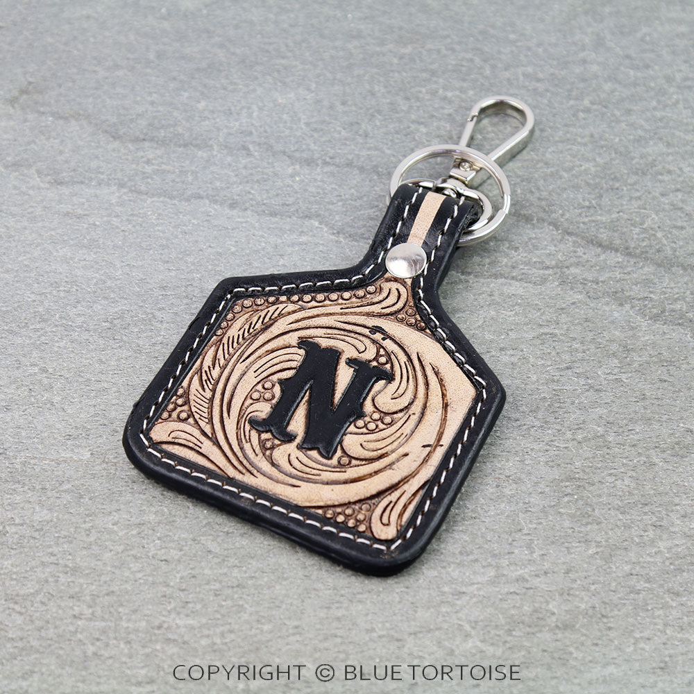 Western Ear Tag Initial Tooled Leather Keychain