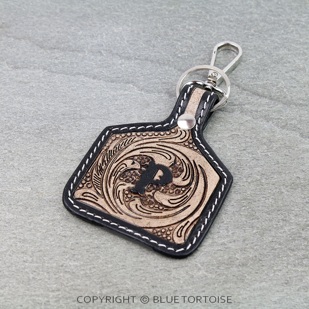Western Ear Tag Initial Tooled Leather Keychain