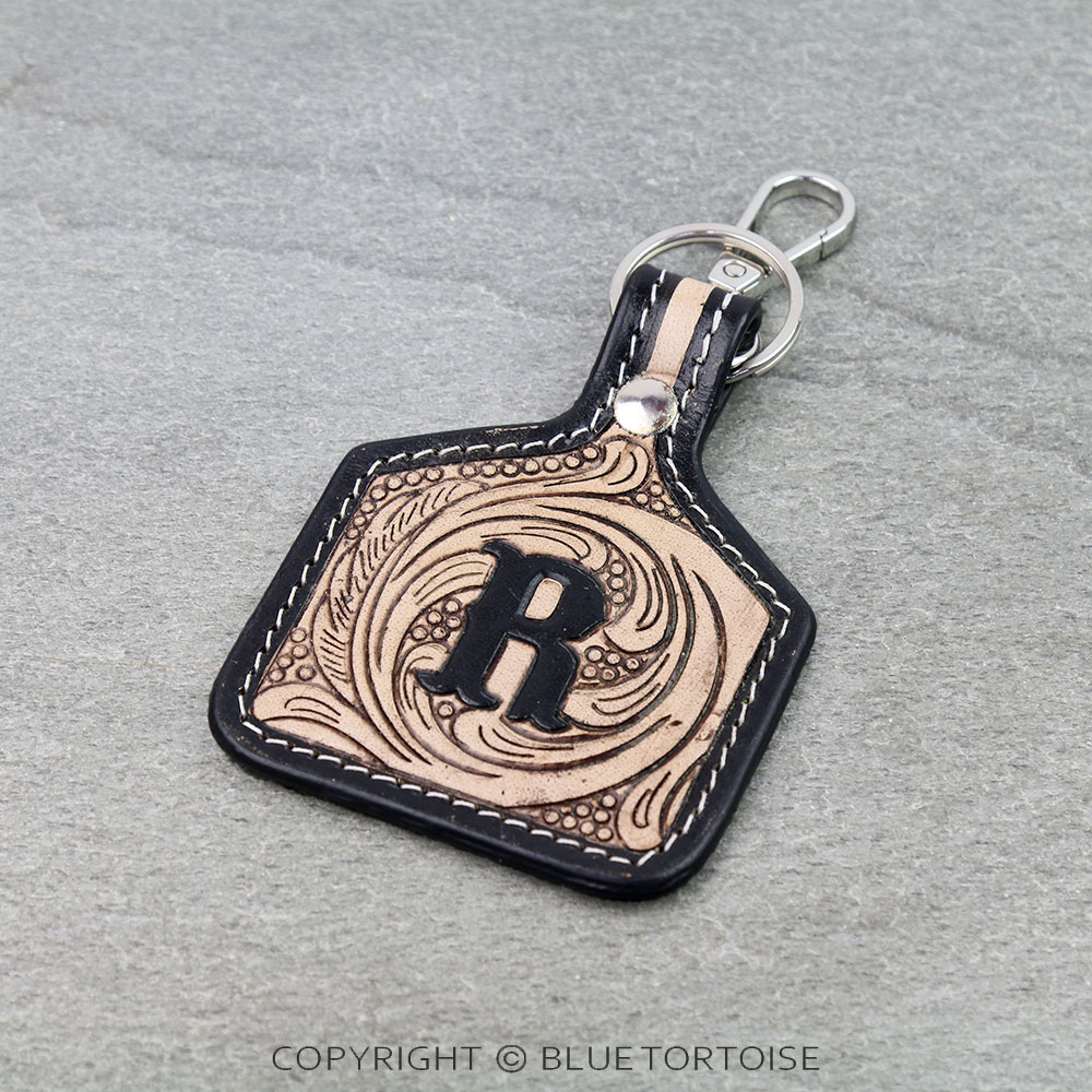 Western Ear Tag Initial Tooled Leather Keychain