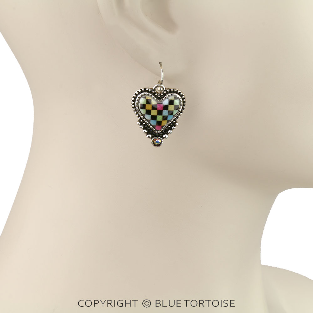 Heart Rainbow Checker Dangle Earrings - Image 2