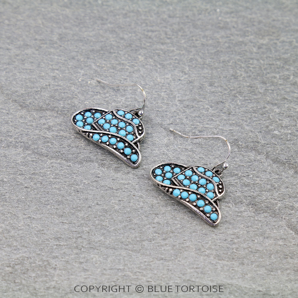 Western Cowboy Hat Paved Stone Dangle Earrings