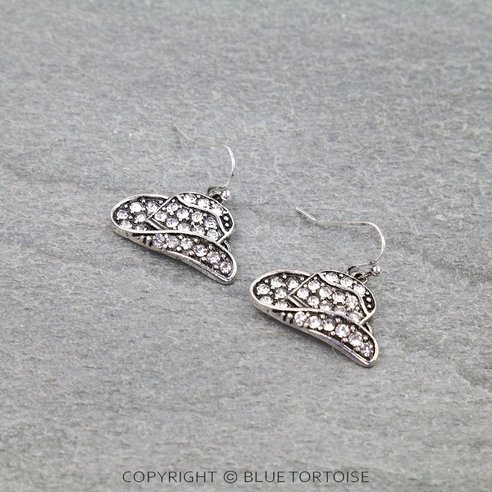Western Cowboy Hat Paved Stone Dangle Earrings