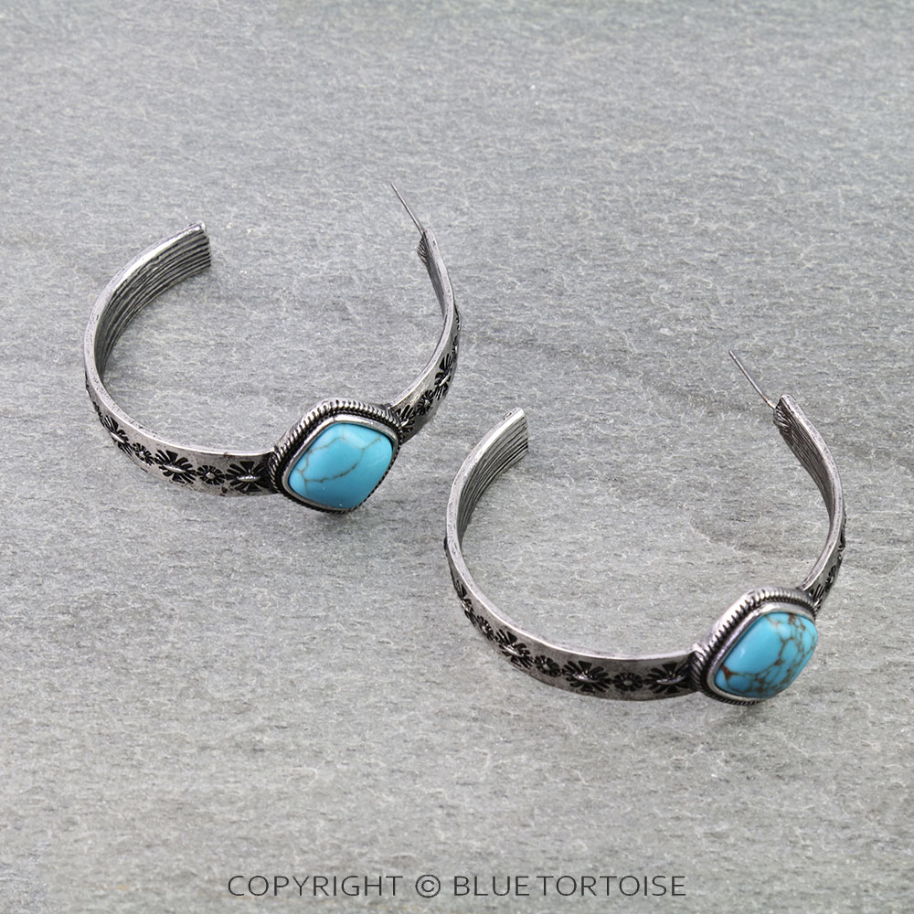 1.75" Western Square Stone Etched Hoop Earrings