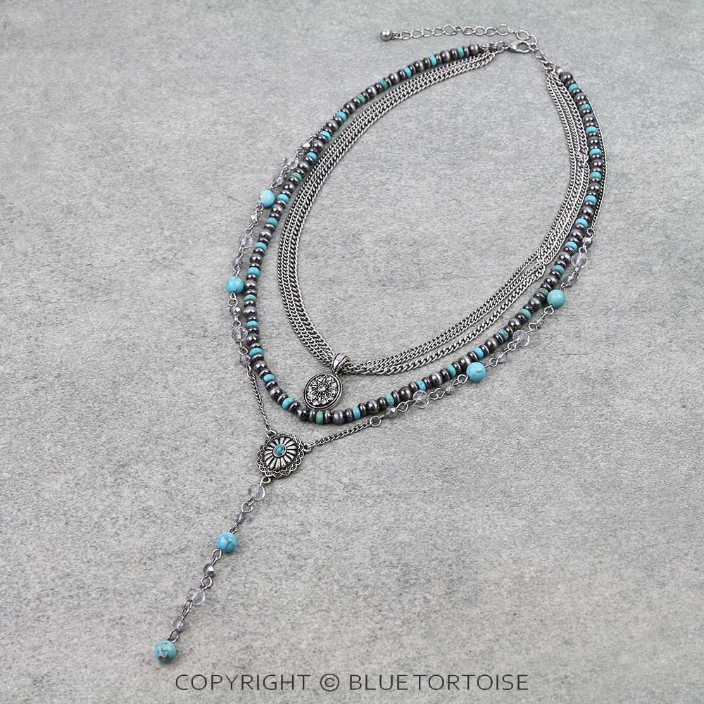 3 Layered Western Concho Y Necklace