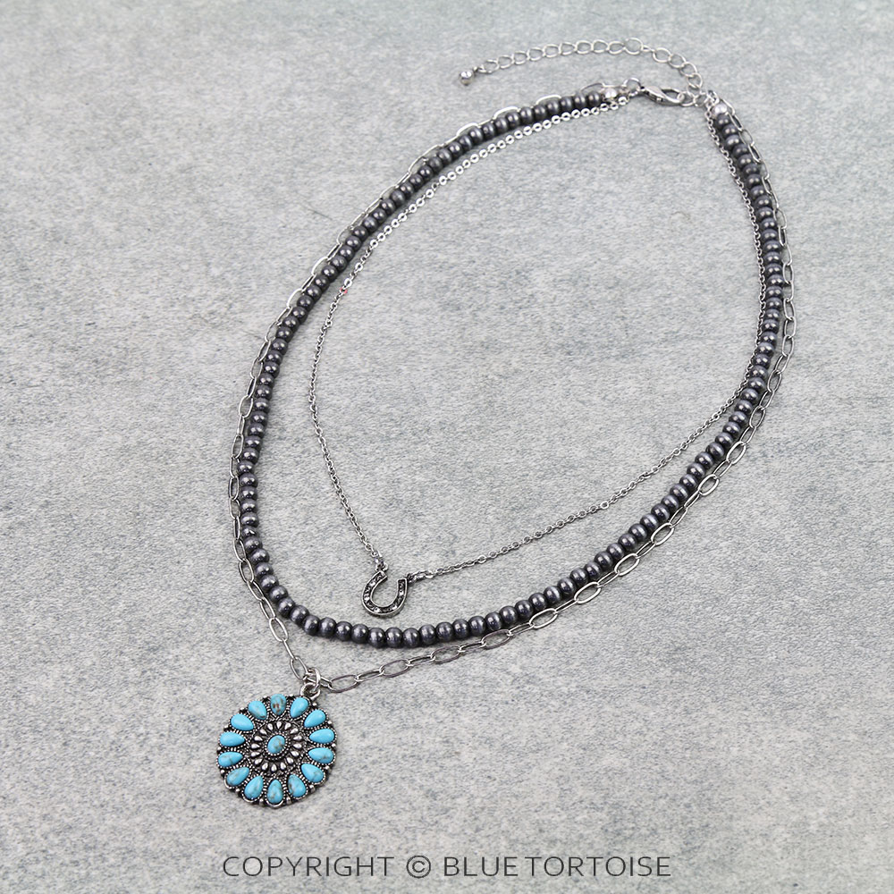 3 Layered Western Concho Stone Necklace