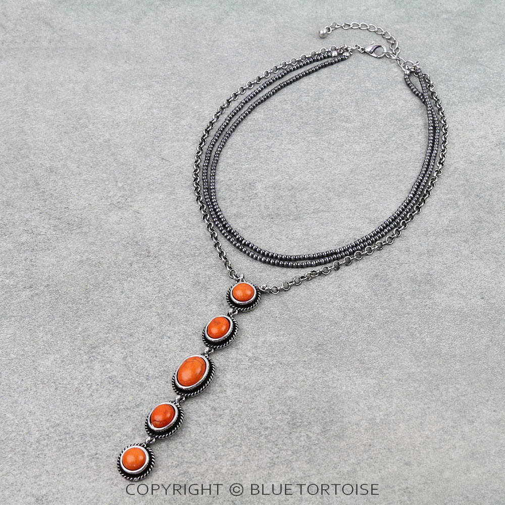 Western Oval Stone Drop 3Row Necklace