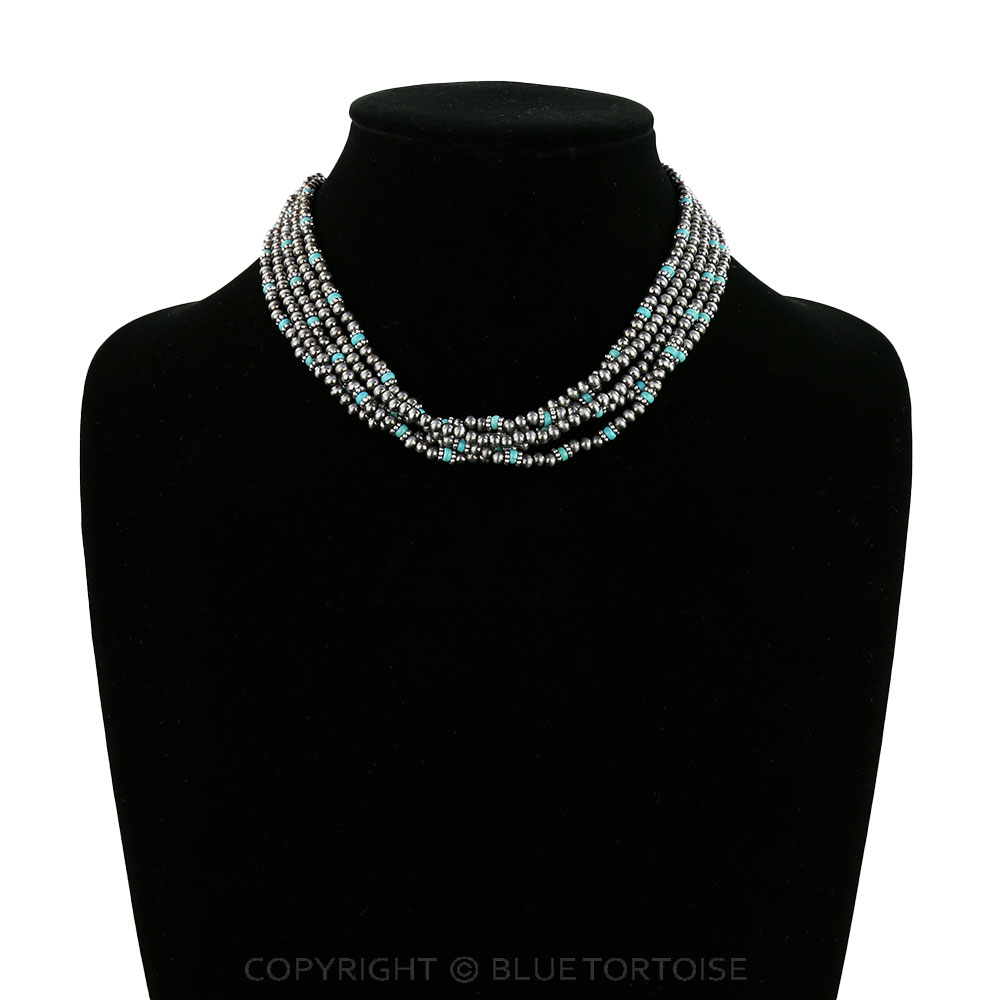 Western Navajo Style Pearl & Bead 5 Row Necklace - Image 2