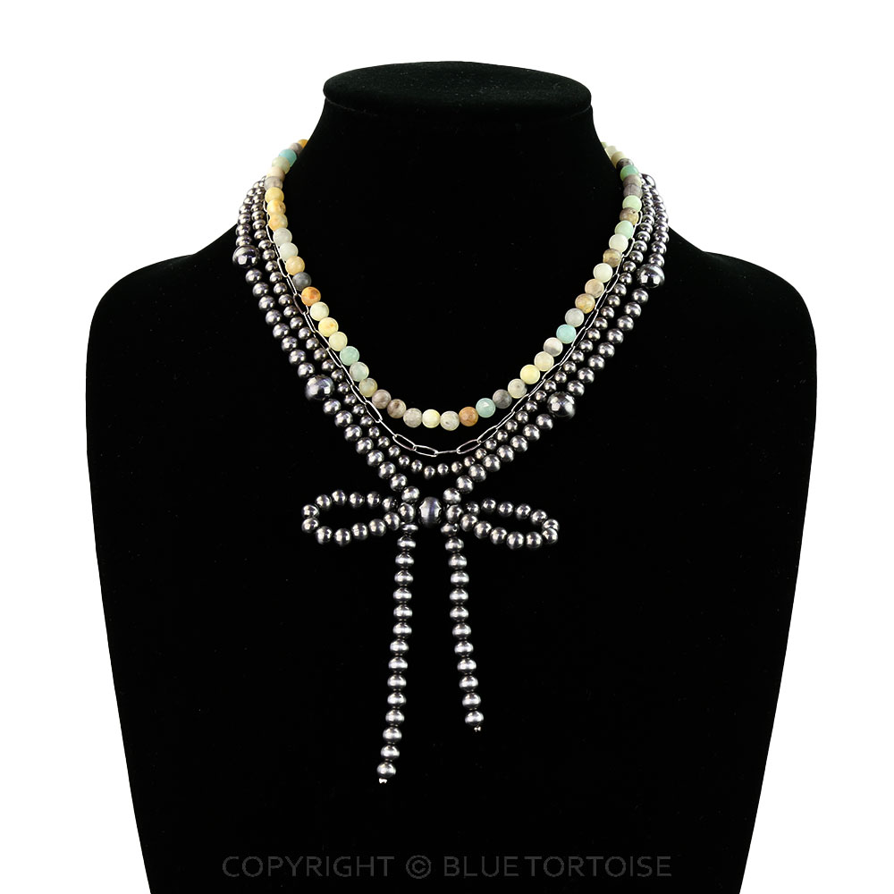 4 Layered Navajo Style Pearl Bow & Bead Necklace - Image 2